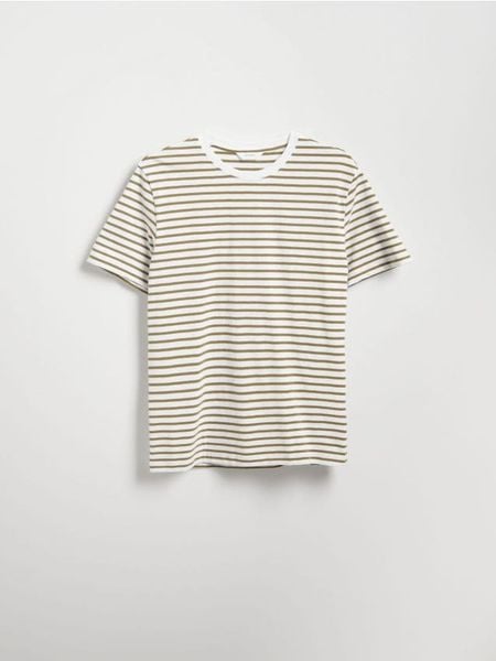 T-shirt regular w paski - oliwkowy. Zielone t-shirty męskie Reserved, l, bez wzorów, z bawełny, bez kołnierzyka. Za 69.99 zł.