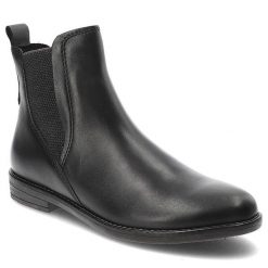 Czarne Botki Marco Tozzi Damskie Modne Obuwie Jesienne. Czarne botki damskie Marco Tozzi, na jesień, z materiału, bez obcasa, bez zapięcia. Za 329.00 zł.