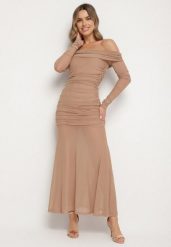 Ciemnobeżowa Taliowana Sukienka Typu Hiszpanka z Transparentnymi Wstawkami Halacia. Brązowe sukienki damskie Born2be, l, bez wzorów, eleganckie, bez kołnierzyka, bez ramiączek, maxi. Za 149.99 zł.