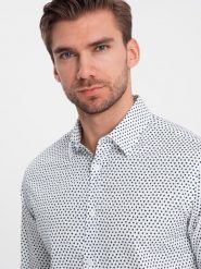 Ombre Męska koszula w drobny wzór SLIM FIT - biała V2 OM-SHCS-0140 L. Białe koszule męskie Ombre, l, bez wzorów, bez kołnierzyka, bez ramiączek. Za 139.99 zł.