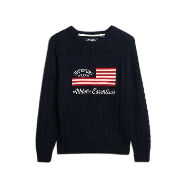 Sweter damski z warkoczowym splotem Superdry Flag. Niebieskie swetry damskie Superdry., na jesień, m, bez wzorów, z dzianiny, eleganckie, bez kołnierzyka, bez ramiączek, bez kaptura. Za 349.35 zł.