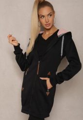 Czarna Bluza Długa z Kapturem Ozdobionym Napisami Sinellina. Czarne bluzy damskie Renee, s, bez wzorów, z jeansu, z kapturem. Za 49.99 zł.