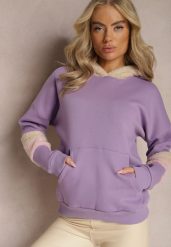 Jasnofioletowa Bawełniana Bluza z Kapturem i Wstawkami z Polaru Qilin. Fioletowe bluzy damskie Renee, z aplikacjami, z bawełny, z kapturem. Za 84.99 zł.