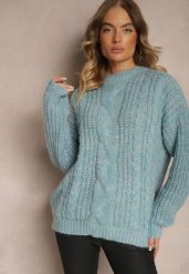 Jasnoniebieski Sweter z Wełną Ozdobiony Tłoczeniem Ecrisevia. Niebieskie swetry damskie Renee, bez wzorów, z jeansu, casualowe, bez kołnierzyka, bez ramiączek, bez kaptura. Za 69.99 zł.