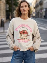 Bawełniana koszulka z nadrukiem pomidorów - kremowy. Białe t-shirty damskie Sinsay, l, bez wzorów, z bawełny, bez kołnierzyka. Za 25.99 zł.