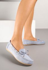 Niebieskie Mokasyny z Ekozamszu Zdobione Wiązaniem z Kokardą Sonilora. Niebieskie mokasyny damskie Renee, z jeansu, eleganckie. Za 59.99 zł.