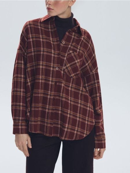 Koszula w kratę - ciemnobrązowy. Brązowe koszule damskie Reserved, l, bez wzorów, z bawełny, bez kołnierzyka, bez ramiączek. Za 99.99 zł.