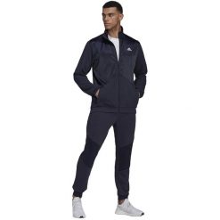 Dres męski adidas Satin French Terry Track Suit. Niebieskie buty sportowe męskie Adidas, z bawełny, bez zapięcia, na fitness i siłownię. Za 303.99 zł.