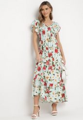 Jasnozielona Rozkloszowana Sukienka Maxi z Wiskozy w Kwiatowy Print Unadis. Zielone sukienki damskie Born2be, na lato, l, bez wzorów, z wiskozy, bez kołnierzyka, bez ramiączek, maxi, rozkloszowane. Za 99.99 zł.
