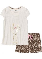 Piżama z krótkimi spodenkami z foliowym nadrukiem. Brązowe piżamy damskie bonprix, bez wzorów, bez ramiączek, krótkie. Za 59.99 zł.