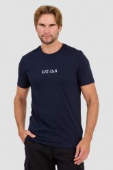 GUESS Granatowy t-shirt z haftowanym logo. Niebieskie t-shirty męskie Guess, l, z aplikacjami, bez kołnierzyka. W wyprzedaży za 96.99 zł.