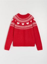 Sweter z motywem świątecznym z domieszką wełny - czerwony. Czerwone swetry damskie Sinsay, l, bez wzorów, z wełny, wizytowe, bez kołnierzyka, bez ramiączek, bez kaptura. Za 59.99 zł.