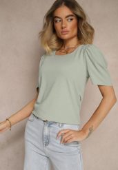 Zielony T-shirt z Prążkowanej Tkaniny z Zakładkami przy Rękawach Kolaniella. Zielone bluzki damskie Renee, l, bez wzorów, z jeansu, eleganckie, bez kołnierzyka. Za 34.99 zł.
