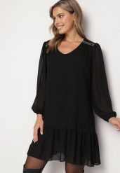 Czarna Sukienka z Wiskozą o Prostym Kroju z Bufiastymi Rękawami i Falbanką u Dołu Ilila. Czarne sukienki damskie Born2be, na co dzień, l, bez wzorów, z jeansu, eleganckie, bez kołnierzyka, bez ramiączek, proste. Za 44.99 zł.