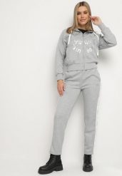 Szary Komplet Dresowy Rozpinana Bluza z Kapturem Spodnie z Napisami Semirwen. Szare bluzy damskie Born2be, l, bez wzorów, z dresówki, z kapturem. Za 139.99 zł.
