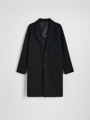 Płaszcz z kołnierzem - czarny. Czarne płaszcze męskie Reserved, l, bez wzorów, z tkaniny, długie, bez kaptura. Za 299.99 zł.