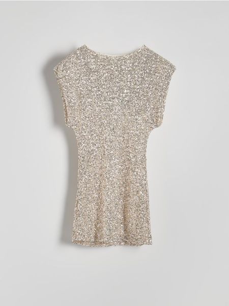 Cekinowa sukienka mini - kremowy. Białe sukienki damskie Reserved, na co dzień, l, bez wzorów, z dzianiny, bez kołnierzyka, bez ramiączek, mini, proste. W wyprzedaży za 109.99 zł.