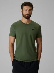 4F T-shirt slim gładki męski - khaki L. Brązowe t-shirty męskie 4f, l, bez wzorów, z bawełny, bez kołnierzyka. Za 59.99 zł.