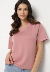 Różowy T-shirt z Trójkątnym Dekoltem Foniriela. Czerwone bluzki damskie Born2be, m, bez wzorów, z jeansu, biznesowe, bez kołnierzyka. Za 39.99 zł.