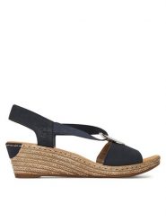 Rieker Sandały 624H6-14 Granatowy. Niebieskie sandały damskie Rieker, bez wzorów, z syntetyku, bez obcasa, na koturnie, bez zapięcia. Za 299.99 zł.