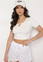 Beżowy Bawełniany T-shirt z Prążkowanego Materiału Linalora. Brązowe bluzki damskie Born2be, l, bez wzorów, z bawełny, biznesowe, bez kołnierzyka. Za 29.99 zł.