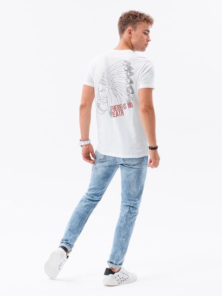 T-shirt męski z nadrukiem - biały V1. Białe t-shirty męskie Ombre Clothing, m, bez wzorów, bez kołnierzyka. W wyprzedaży za 19.99 zł.