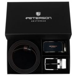 Zestaw prezentowy: dwustronny pasek skórzany w brązowym i czarnym kolorze Peterson PTN KL-B016S001. Brązowe paski damskie Peterson, bez wzorów, ze skóry, eleganckie. Za 139.99 zł.