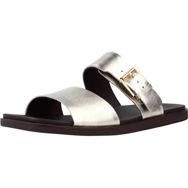 Sandały CLARKS OFRA SLIDE Złoty. Żółte sandały damskie Clarks, bez wzorów, ze skóry, bez obcasa, bez zapięcia. Za 257.99 zł.