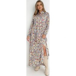 Żółto-Niebieska Sukienka Koszulowa w Kwiaty Myreope. Żółte sukienki damskie Born2be, l, bez wzorów, z zamszu, boho, bez kołnierzyka, bez ramiączek, maxi, koszulowe. Za 79.99 zł.