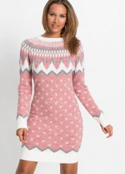Sukienka dzianinowa w norweski wzór. Czerwone sukienki damskie bonprix, na zimę, bez wzorów, z dzianiny, eleganckie, bez kołnierzyka, bez ramiączek. Za 144.99 zł.