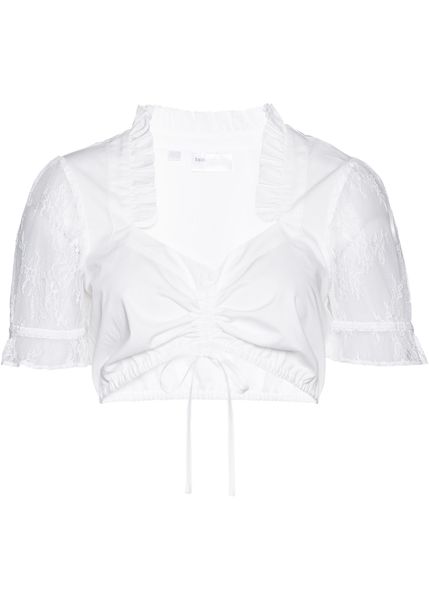 Bluzka w ludowym stylu z koronkowymi rękawami. Białe bluzki damskie bonprix, bez wzorów, z koronki, eleganckie, bez kołnierzyka, bez ramiączek. Za 139.99 zł.