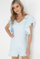 Niebieska Sukienka Bessette. Niebieskie sukienki damskie Born2be, m, bez wzorów, bez kołnierzyka, bez ramiączek, mini, dopasowane. Za 89.99 zł.