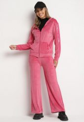 Fuksjowy Komplet Dresowy Welurowy z Ozdobnym Lampasem Spodnie Joggery i Bluza z Kapturem Jalrinna. Czerwone bluzy damskie Born2be, m, bez wzorów, z dresówki. Za 79.99 zł.