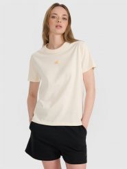 4F T-shirt oversize z nadrukiem damski - beżowy M. Brązowe koszulki sportowe damskie 4f, l, bez wzorów, z bawełny, klasyczne, bez kołnierzyka. W wyprzedaży za 49.99 zł.