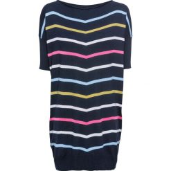 Sweter bonprix ciemnoniebieski w kolorowe paski. Niebieskie swetry damskie bonprix, bez wzorów, bez kołnierzyka, bez ramiączek, długie, bez kaptura. Za 89.99 zł.