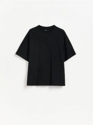 Bawełniany t-shirt - czarny. Czarne t-shirty damskie Reserved, l, bez wzorów, z bawełny, bez kołnierzyka. Za 39.99 zł.