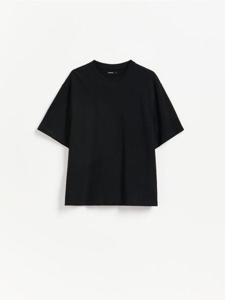 Bawełniany t-shirt - czarny. Czarne t-shirty damskie Reserved, l, bez wzorów, z bawełny, bez kołnierzyka. Za 89.99 zł.