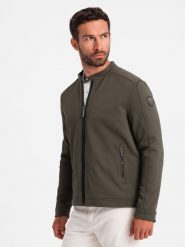 Kurtka męska o kroju biker ze strukturalnego materiału – ciemnooliwkowa V1 - Rozmiar: S. Zielone kurtki męskie Ombre Clothing, m, bez wzorów, eleganckie, bez kaptura. W wyprzedaży za 79.99 zł.