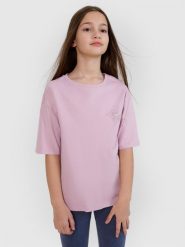 4F T-shirt oversize z nadrukiem dziewczęcy - fioletowy 158 (12-13 lat). Fioletowe t-shirty i topy dla dziewczynek 4f, bez wzorów, z bawełny, bez ramiączek. W wyprzedaży za 29.99 zł.