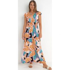 Pomarańczowa Sukienka Donky. Brązowe sukienki damskie Born2be, l, bez wzorów, z materiału, bez kołnierzyka, bez ramiączek, maxi, kopertowe. Za 64.99 zł.