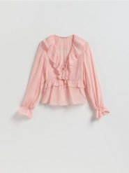 Bluzka z falbanami - różowy. Czerwone bluzki damskie Reserved, l, bez wzorów, z tkaniny, bez kołnierzyka, bez ramiączek. Za 129.99 zł.