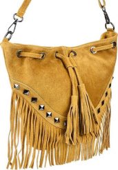 Vera Pelle Musztardowa damska torebka worek skóra zamsz frędzle włoska X39. Torebki do ręki damskie Vera Pelle, bez wzorów, ze skóry, bez dodatków. Za 192.49 zł.