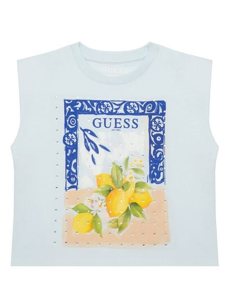 Guess Top J6GI12 K8HM4 Błękitny Regular Fit. Niebieskie t-shirty i topy dla dziewczynek Guess, z aplikacjami, z bawełny, bez ramiączek. Za 83.99 zł.