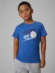 4F T-shirt regular z nadrukiem chłopięcy - granatowy 134 (8-9 lat). Niebieskie t-shirty dla chłopców 4f, bez wzorów, z bawełny, bez ramiączek. Za 39.99 zł.
