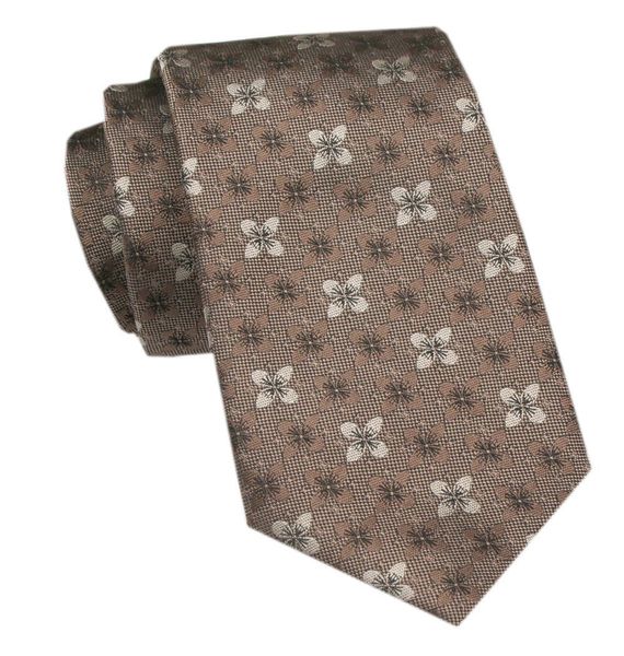 Elegancki Krawat Męski Angelo di Monti - Beżowy w Drobne Kwiatki. Brązowe krawaty i muchy Angelo di Monti, bez wzorów, z tkaniny, eleganckie. Za 45.00 zł.