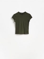 T-shirt slim fit - oliwkowy. Zielone t-shirty damskie Reserved, l, bez wzorów, z bawełny, bez kołnierzyka. Za 25.99 zł.