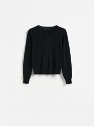 Kardigan z wełną - czarny. Czarne kardigany damskie Reserved, l, bez wzorów, z dzianiny. Za 139.99 zł.