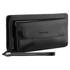 Saszetka męska ze skóry ekologicznej w czarnym kolorze, dwukomorowa - Rovicky. Czarne saszetki męskie ROVICKY, ze skóry ekologicznej, eleganckie. Za 49.99 zł.