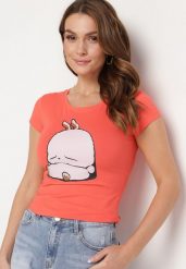 Pomarańczowy Bawełniany T-shirt z Ozdobnym Nadrukiem Ianestra. Brązowe bluzki damskie Born2be, m, bez wzorów, z bawełny, bez kołnierzyka. Za 34.99 zł.