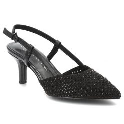 Sandały damskie Marco Tozzi, cholewka ze skóry ekologicznej z ażurowym wykończeniem zapięcie na pasek wokół kostki spiczasty nosek, czarne, 2-29667-4. Czarne klapki damskie Marco Tozzi, w ażurowe wzory, ze skóry ekologicznej, bez obcasa, na obcasie, bez zapięcia. Za 179.90 zł.